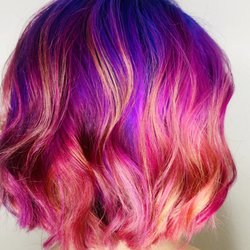 Vivid colors, Sunset hair, with a cute cut w/ layers, purple, magenta, sunset orange, yellow,