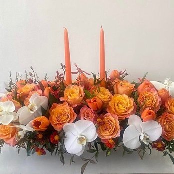 Elegant Flower Studio - Fall/Thanksgiving Arrangement with candles. - Florists Near Me Elegant Flower Studio - Fall/Thanksgiving Arrangement with candles. - Florists Near Me