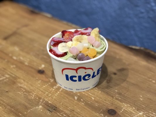 Photo of Icicles - San Mateo, CA, United States. Gotcha Matcha with strawberries, bananas, mochi, and condensed milk