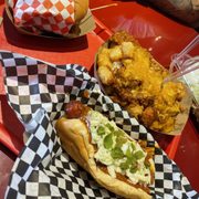 Medium heat Nashville Hot Chicken Sandwich, chili cheese Tater Tots, Spicy Redneck Dog Combo