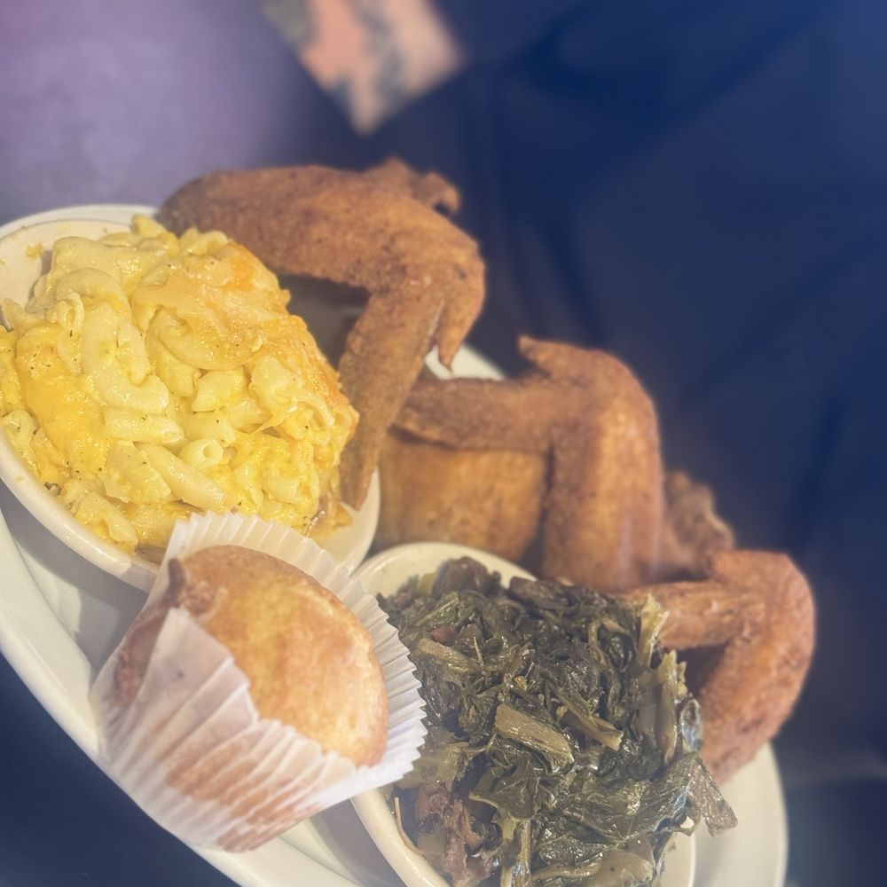 Kiki's Chicken and Waffles - Kiki's Soul Food Plate with Collard Greens and Mac and Cheese - American Near Me - Columbia, South Carolina
