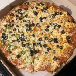 Amici's Pizzeria - Thin crust build your own 14" pizza-pepperoni, onion, black olives & green peppers on half