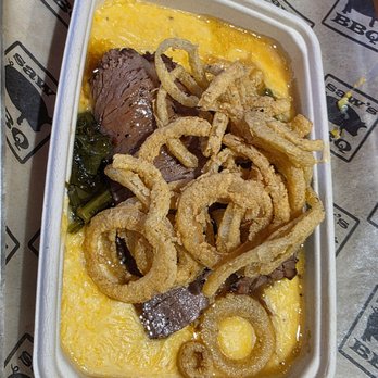 Saw’s BBQ - Hoover - Brisket and Greens over cheese grits. - Barbeque Near Me - Hoover, Alabama Saw’s BBQ - Hoover - Brisket and Greens over cheese grits. - Barbeque Near Me - Hoover, Alabama