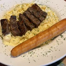 The Log Cabin - Dinner. Alfredo pasta with steak. Delicious