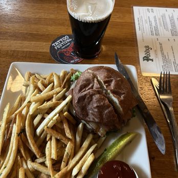 Paddy's Bar & Grill - Paddy Burger with bacon and a hefty order of fries. And a partially drunk Guinness. - Pubs Near Me - Portland, Oregon