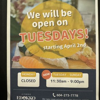 Edokko Nigiri Sushi - Looks like they will open in Tuesday from April 2024 - Japanese Near Me - Richmond, British Columbia