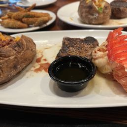 6oz filet with lobster and a baked potato and 9 oz filet with baked potato. Fried okra 6oz filet with lobster and a baked potato and 9 oz filet with baked potato. Fried okra