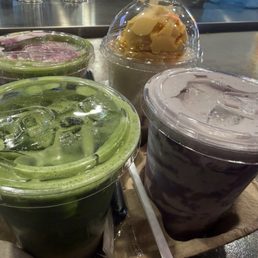 Ube royale, strawberry matcha, halo halo