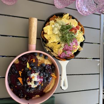 Sugar and Scribe  - Blazin' Chilaquiles Skillet with Chicken and Blueberry Love Pancakes - Bakeries Near Me - La Jolla, California