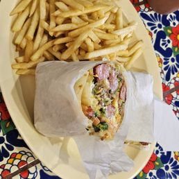 tocino burrito, fries on the side