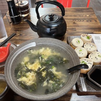 Dumpling Hours - Egg drop and seaweed soup Juicy Pan-Fried Pork Buns Pot of Jasmine Tea - Dim Sum Near Me - Oakland, California Dumpling Hours - Egg drop and seaweed soup Juicy Pan-Fried Pork Buns Pot of Jasmine Tea - Dim Sum Near Me - Oakland, California