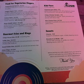 PlugIN Karaoke - A menu from PlugIn Karaoke in Hallandale Beach, FL, featuring vegetarian dishes, kids' menu items, and desserts, with prices and descriptions. - Karaoke Near Me - Hallandale Beach, Florida