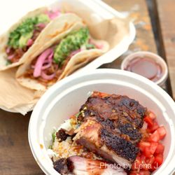 Ricewood - Spicy Pork Belly Rice Bowl ($15) and Pulled Pork Tacos ($3 each)