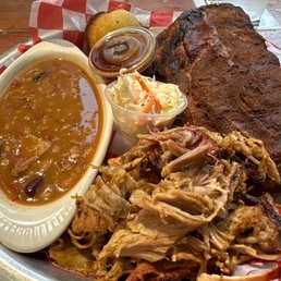 BBQ Combo with pork and ribs, beans, coleslaw, corn muffin BBQ Combo with pork and ribs, beans, coleslaw, corn muffin