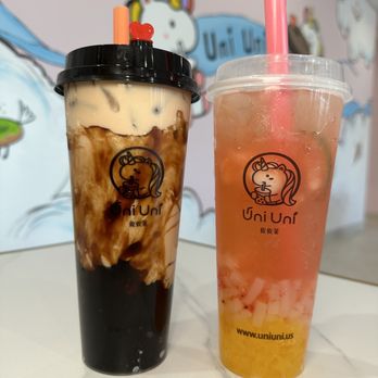 Uni Uni Bubble Tea - Left to right: Ancient brown sugar milk tea and Lychee Peach Jasmine Green Tea with Lychee&Mango Jelly - Bubble Tea Near Me - Suwanee, Georgia Uni Uni Bubble Tea - Left to right: Ancient brown sugar milk tea and Lychee Peach Jasmine Green Tea with Lychee&Mango Jelly - Bubble Tea Near Me - Suwanee, Georgia