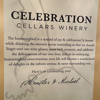 Celebration Cellars Winery - A sign from Celebration Cellars Winery features a hummingbird illustration and a message about joy, celebration, and wine tasting. - Wineries Near Me - Frederick, Maryland