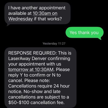 LaserAway - How the desk staff will reschedule appointments. Completely unprofessional. - Laser Hair Removal Near Me - Denver, Colorado LaserAway - How the desk staff will reschedule appointments. Completely unprofessional. - Laser Hair Removal Near Me - Denver, Colorado