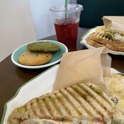 Chicken Pesto sandwich and hibiscus berry tea!