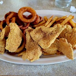 Driftwood Restaurant - Catfish platter with fries and onion rings.