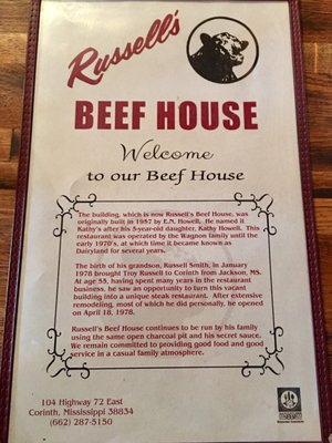 Menu photo 4 Russell's Beef House Restaurant Corinth, MS
