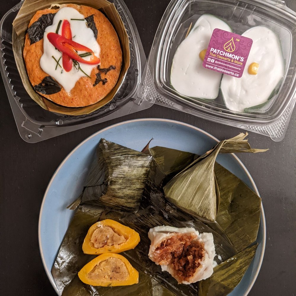 Patchmon's Thai Desserts & More - Clockwise: Fish curry custard, sweet tapioca with coconut cream, steamed flour with coconut filling and stuffed dough pyramid - Desserts Near Me - Toronto, Ontario