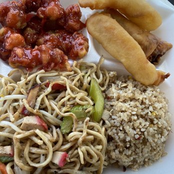 China Garden - Combination #2 - Pork Chow Mein, Pork Fried Rice, Sweet and Sour Chicken, Two Deep Fried Prawns and an Egg Roll - Chinese Near Me - Tulare, California