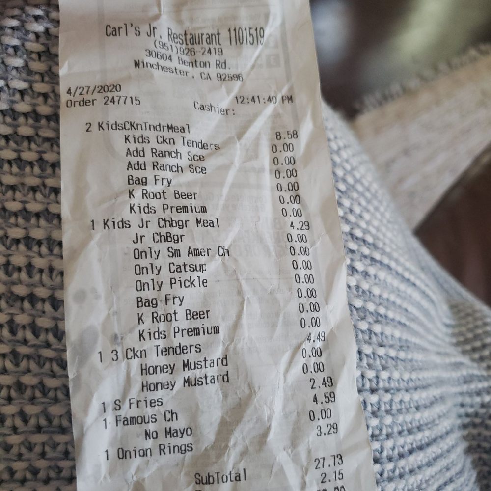 Carl's Jr - the receipt for the restaurant - Fast Food Near Me - Winchester, California Carl's Jr - the receipt for the restaurant - Fast Food Near Me - Winchester, California