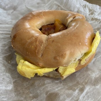 Bagels R US - Egg & Bacon Bagel with cheddar cheese on a plain bagel - Bagels Near Me - Jacksonville, Florida