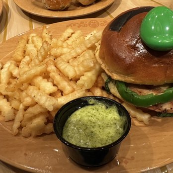 Toadstool Cafe - Luigi Burger (Pesto Grilled Chicken Sandwich) -- so fresh and good. Bell pepper is lightly grilled but still nice and fresh. - Cafes Near Me - Universal City, California Toadstool Cafe - Luigi Burger (Pesto Grilled Chicken Sandwich) -- so fresh and good. Bell pepper is lightly grilled but still nice and fresh. - Cafes Near Me - Universal City, California