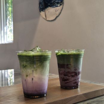 Blue Hour Coffee - Ube matcha (left), blueberry matcha (right) - Coffee & Tea Near Me - Shorewood, Wisconsin Blue Hour Coffee - Ube matcha (left), blueberry matcha (right) - Coffee & Tea Near Me - Shorewood, Wisconsin