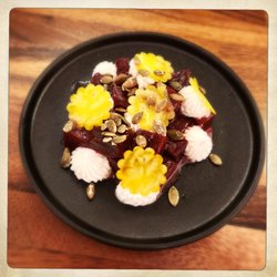 Golden and Red Beet Salad with Whipped Goat Cheese and Candied Pepitas