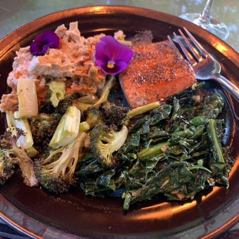 Sacred Kitchen - Salmon with sauteed greens, broccoli and salad - Team Building Activities Near Me