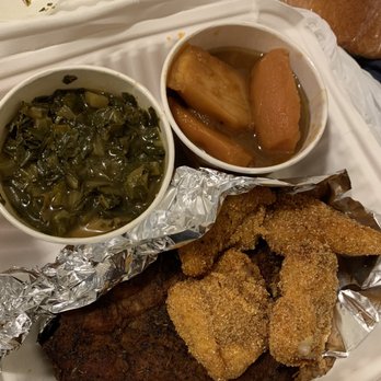 Hughley's Southern Cuisine - Create your own combo Pork Chops Ella's Catfish Cornbread Candied Yams Collard Greens - Southern Near Me - Aiea, Hawaii