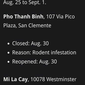 Pho Thanh Binh - OC Register article in restaurants closed due to OC Health Code violations. - Vietnamese Near Me - San Clemente, California