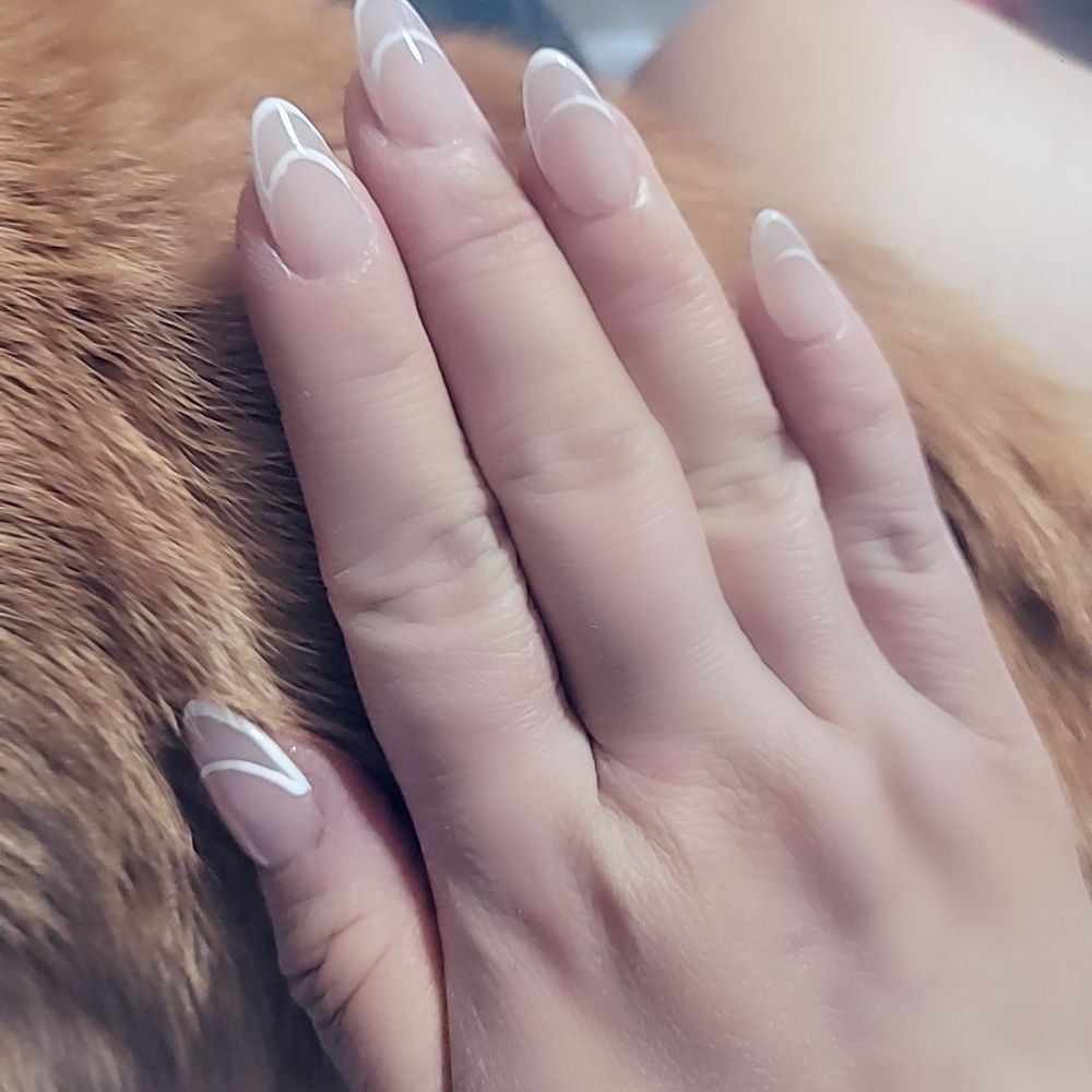 Short Almond Shaped Gel X with French Tip Design. Short Almond Shaped Gel X with French Tip Design.