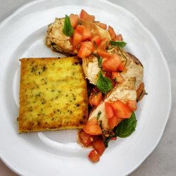 Born and Braised - Balsamic Chicken, pesto polenta cake, bruschetta.