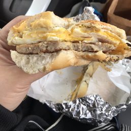 My egg, sausage, & cheese sandwich on a kaiser roll - delicious! My egg, sausage, & cheese sandwich on a kaiser roll - delicious!