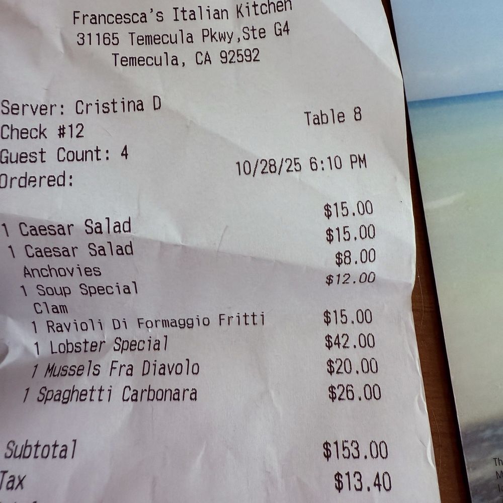 Francesca's Italian Kitchen - Overcharging on anchovies - Italian Near Me - Temecula, California Francesca's Italian Kitchen - Overcharging on anchovies - Italian Near Me - Temecula, California