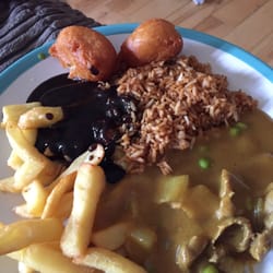 Golden Bell Takeaway - Beef curry, fried rice, chips, chicken balls and some gravy...nom nom