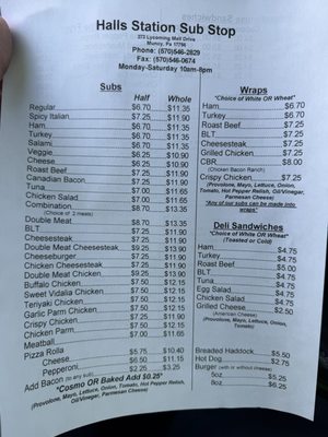 Menu photo 2 Halls Station Sub Stop Muncy, PA Menu photo 2 Halls Station Sub Stop Muncy, PA