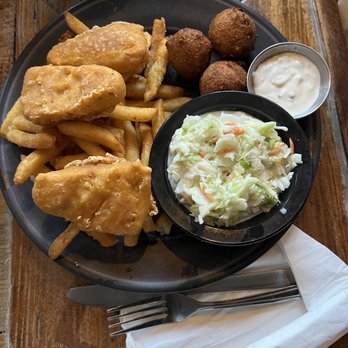 Imagine Vegan Cafe - Fish and Chips with hush puppies and coleslaw - Vegan Near Me - Memphis, Tennessee