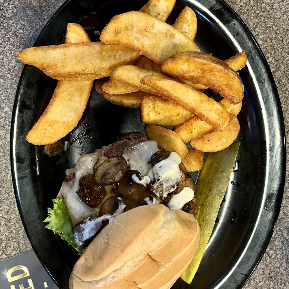 Pub 500 - Mushroom & Swiss with Pub Fries - Pubs Near Me - Mankato, Minnesota Pub 500 - Mushroom & Swiss with Pub Fries - Pubs Near Me - Mankato, Minnesota