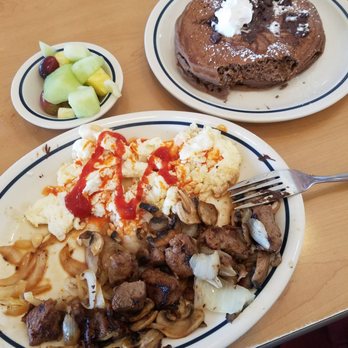 IHOP - Chocolate Chococlate Chip Pancakes with Steak Tips and Egg Whites - Breakfast & Brunch Near Me - Encino, California