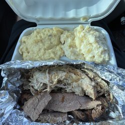 Johnnie's Super Market - Brisket, pulled pork, mashed potatoes, white cheddar, mac & cheese. So delicious!