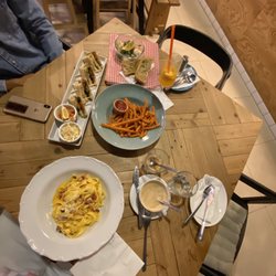 The Farm - Pasta carbonara, sweet potato fries, latte, salmon avocado