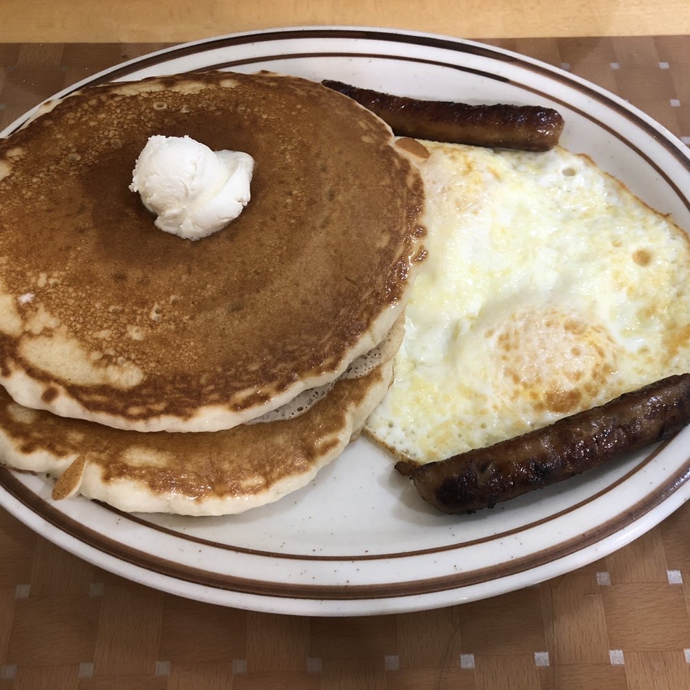 Judy's Cafe - 3 pancakes, sausage links and eggs over medium - American Near Me - Garland, Texas Judy's Cafe - 3 pancakes, sausage links and eggs over medium - American Near Me - Garland, Texas