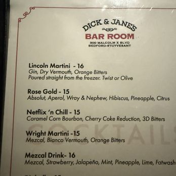 Dick and Jane's Bar Room - Drink menu - Bars Near Me - Brooklyn, New York Dick and Jane's Bar Room - Drink menu - Bars Near Me - Brooklyn, New York