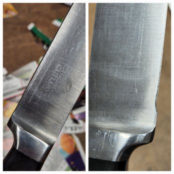 Custom Edge Sharpening - Before and after bolster repair.  This is a common problem with pull through sharpeners.  It prevents full contact with the cutting board. - Knife Sharpening Near Me - Glen Ellyn, Illinois
