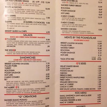 Albert G's BBQ - The inside of their take with you menu.  Check out the prices if you are unsure about expenses. - Barbeque Near Me - Tulsa, Oklahoma