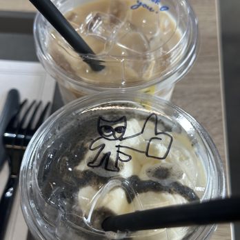 Le Kream - black sesame kream spanner, hazelnut latte, with some cute drawings! - Desserts Near Me - Rowland Heights, California